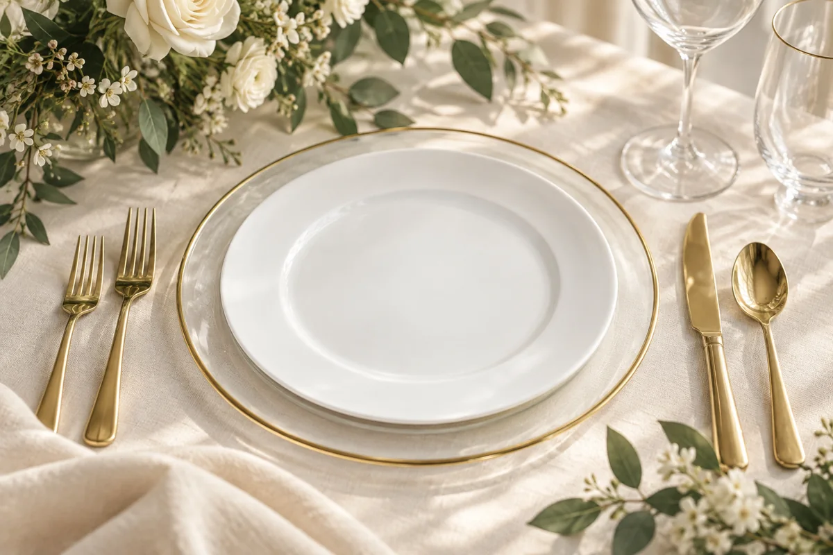 Gold Rim Charger Plate in an illustrated wedding place setting; AI styling inspiration, not actual XOXO inventory
