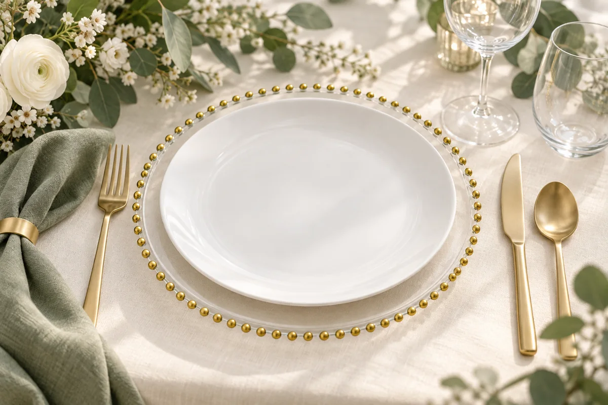 Gold Beaded Glass Charger Plate in an illustrated wedding place setting; AI styling inspiration, not actual XOXO inventory
