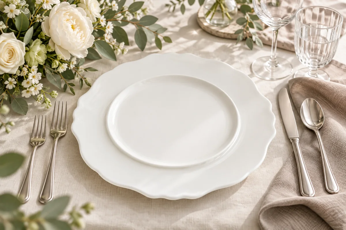 White Scalloped Charger Plate in an illustrated wedding place setting; AI styling inspiration, not actual XOXO inventory