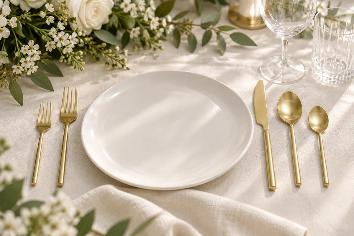 Gold Cutlery Set in an illustrated wedding place setting; AI styling inspiration, not actual XOXO inventory