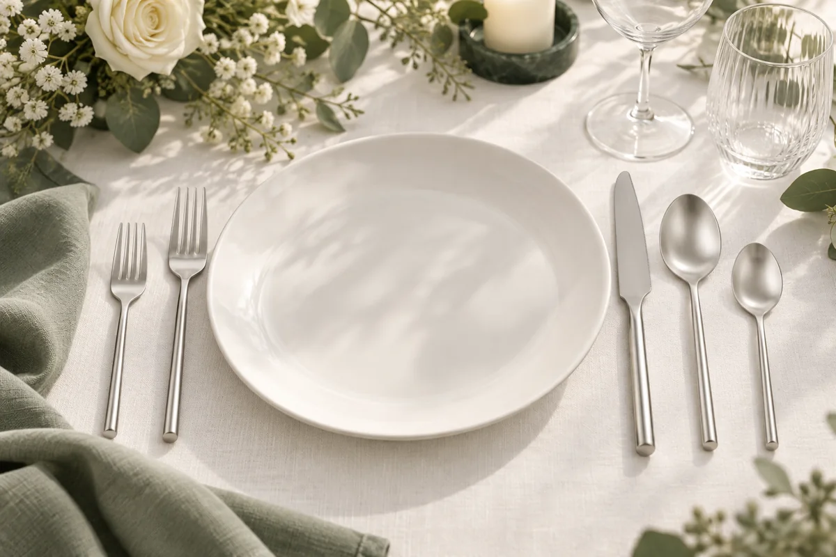 Silver Cutlery Set in an illustrated wedding place setting; AI styling inspiration, not actual XOXO inventory