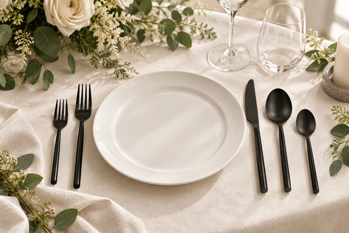 Black Cutlery Set in an illustrated wedding place setting; AI styling inspiration, not actual XOXO inventory
