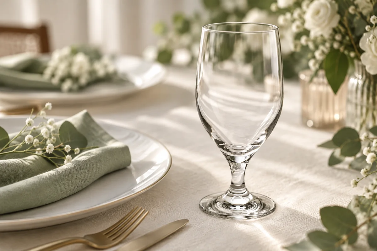 Water Goblet in an illustrated wedding place setting; AI styling inspiration, not actual XOXO inventory