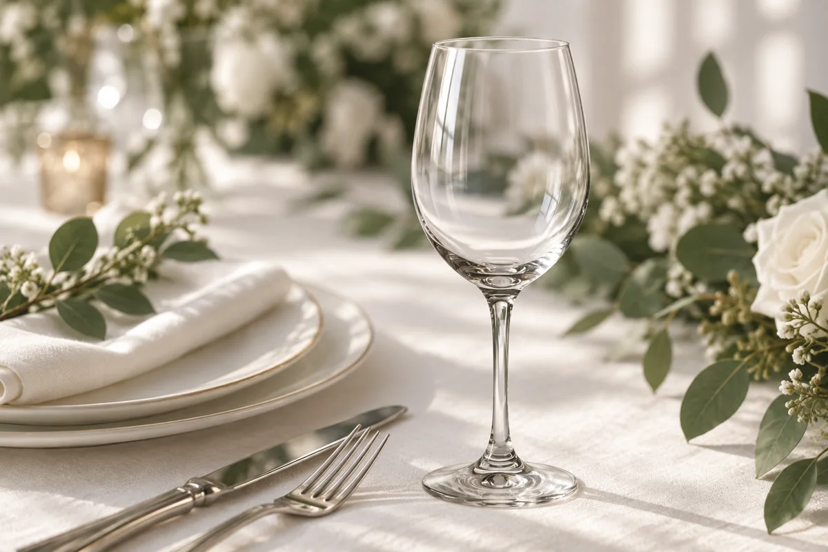 Wine Glass in an illustrated wedding place setting; AI styling inspiration, not actual XOXO inventory