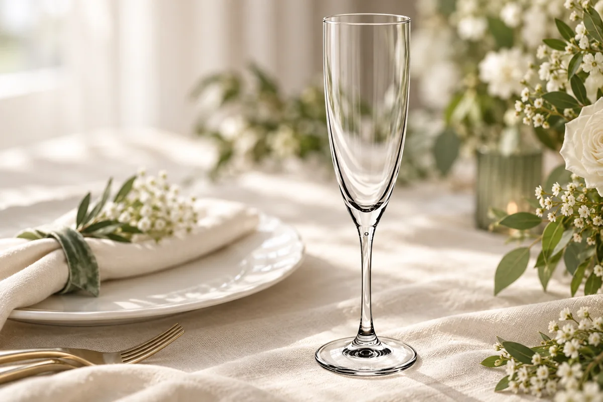 Champagne Flute in an illustrated wedding place setting; AI styling inspiration, not actual XOXO inventory