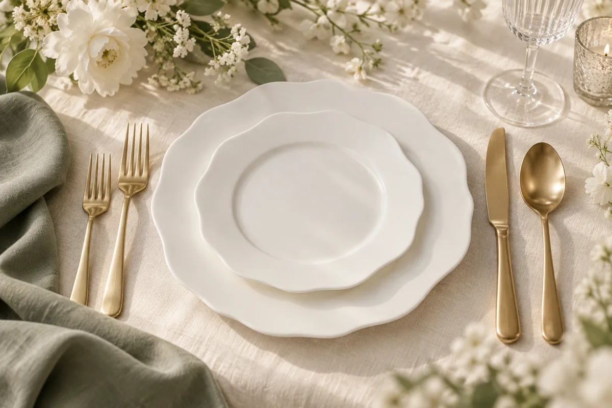 White Scalloped Plates in an illustrated wedding place setting; AI styling inspiration, not actual XOXO inventory