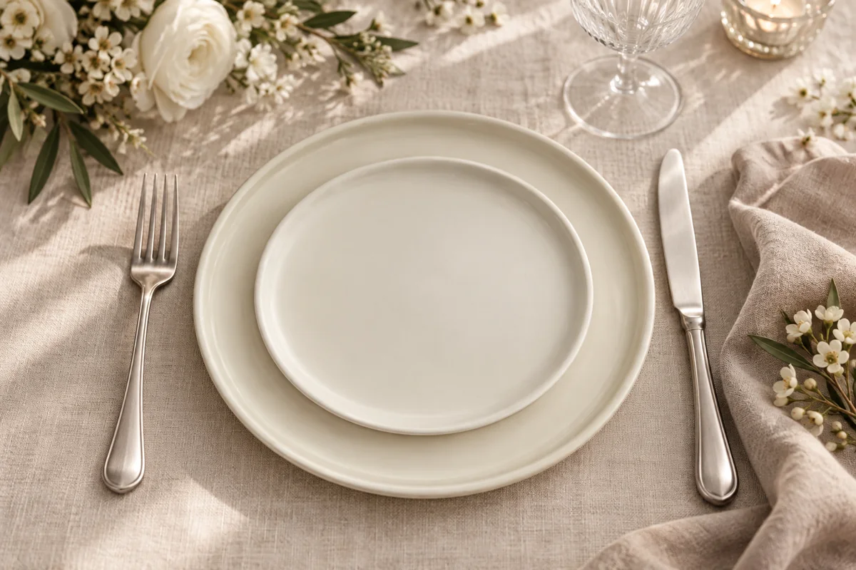 Rustic Ivory Plates in an illustrated wedding place setting; AI styling inspiration, not actual XOXO inventory