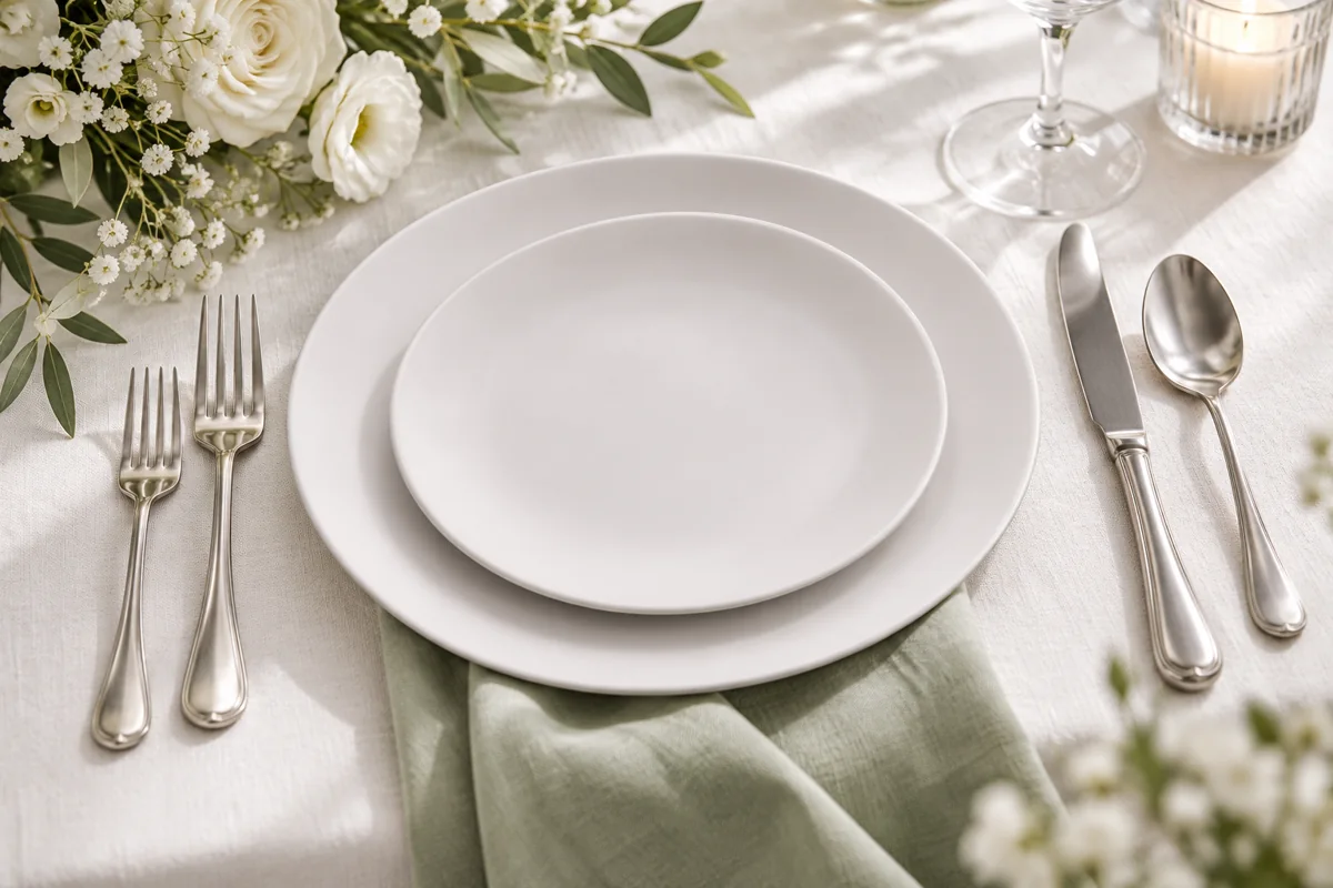 Modern Soft White Plates in an illustrated wedding place setting; AI styling inspiration, not actual XOXO inventory