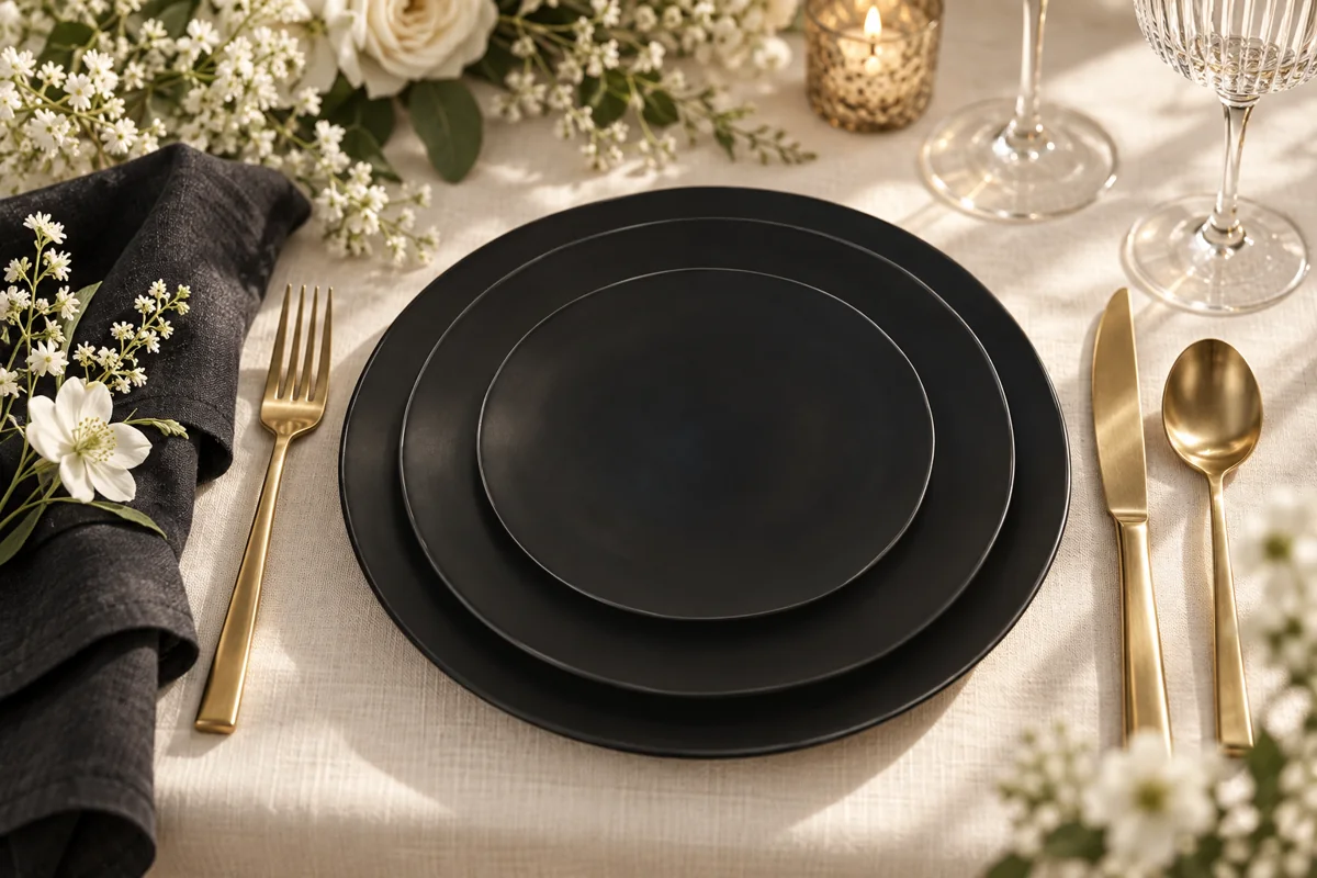 Charcoal Black Plates in an illustrated wedding place setting; AI styling inspiration, not actual XOXO inventory