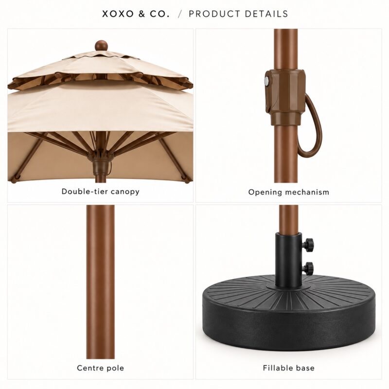 Double-tier canopy, opening mechanism, centre pole and fillable base Double-tier canopy, opening mechanism, centre pole and fillable base