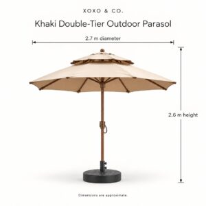 Khaki parasol dimensions: 2.7 m diameter and 2.6 m height Khaki parasol dimensions: 2.7 m diameter and 2.6 m height