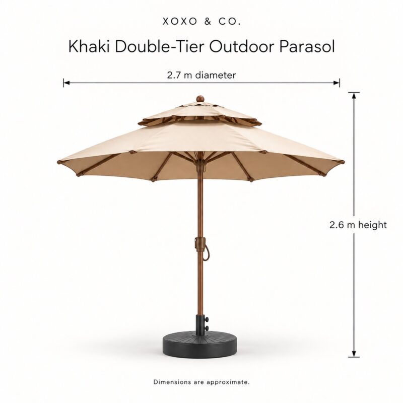 Khaki parasol dimensions: 2.7 m diameter and 2.6 m height Khaki parasol dimensions: 2.7 m diameter and 2.6 m height