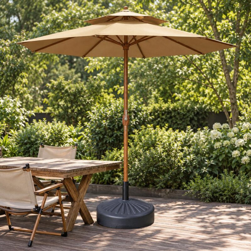 Khaki outdoor parasol in a styled garden setting Khaki outdoor parasol in a styled garden setting