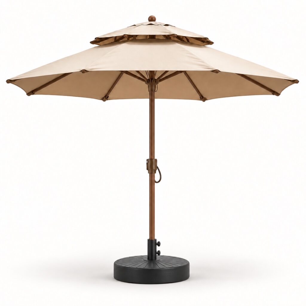 Khaki double-tier outdoor parasol with fillable base