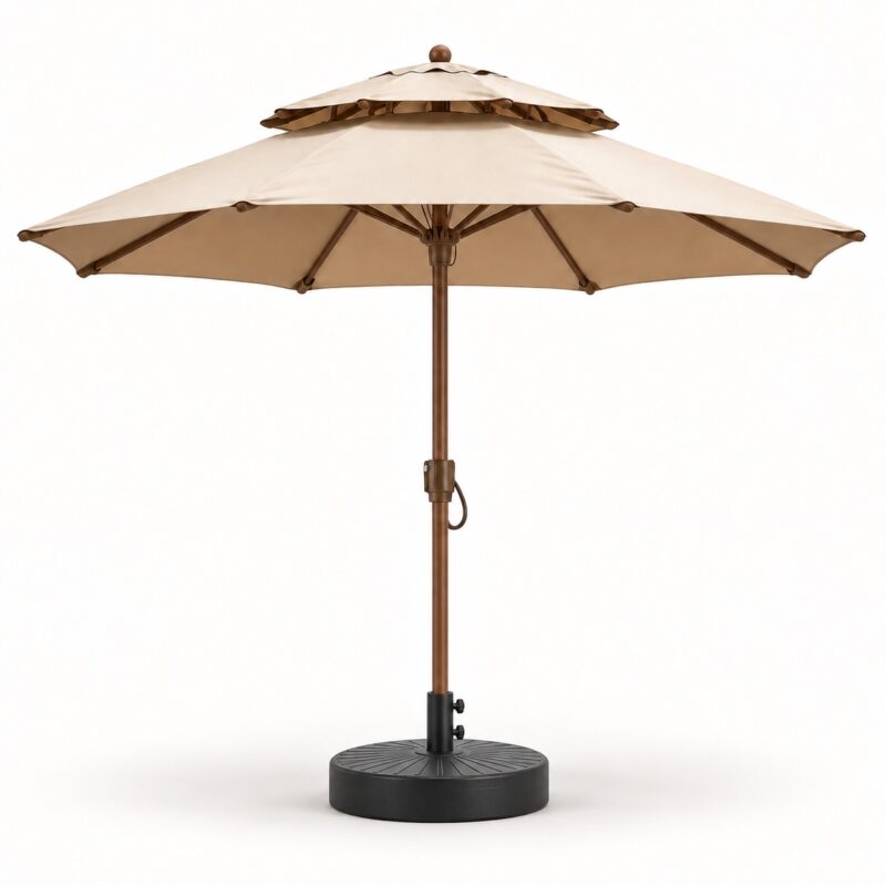 Khaki double-tier outdoor parasol with fillable base Khaki double-tier outdoor parasol with fillable base